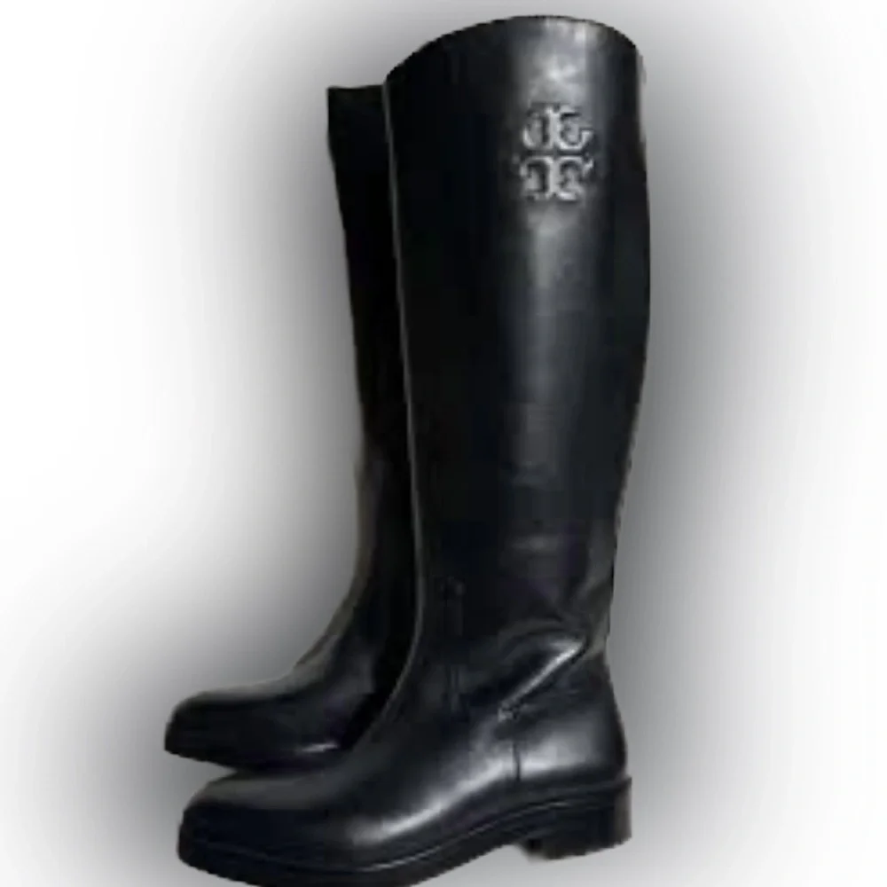 Tory Burch Women’s The Riding Boot Size 8 Black Leather Embossed Logo NEW
